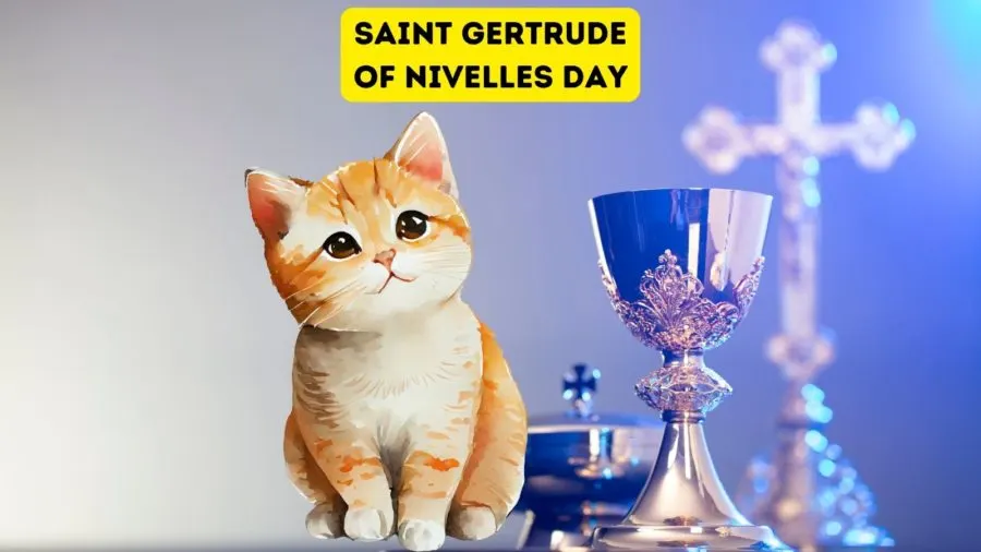 watercolor image of orange tabby kitten with cross and Catholic items in background. Words 